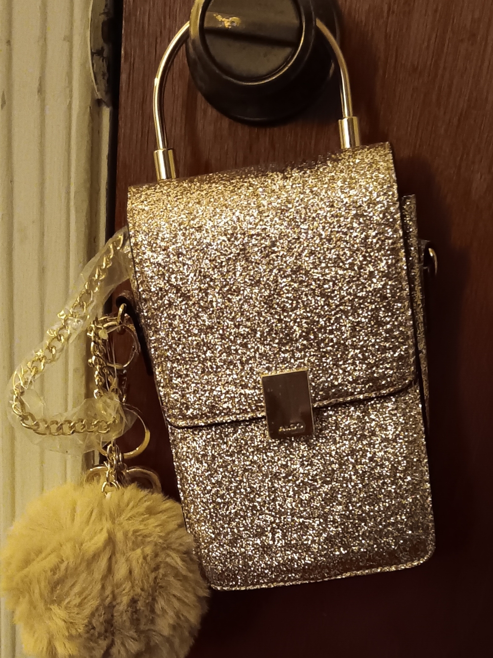 Gold Glitter Crossbody Phone Bag with Pom Pom Keychain